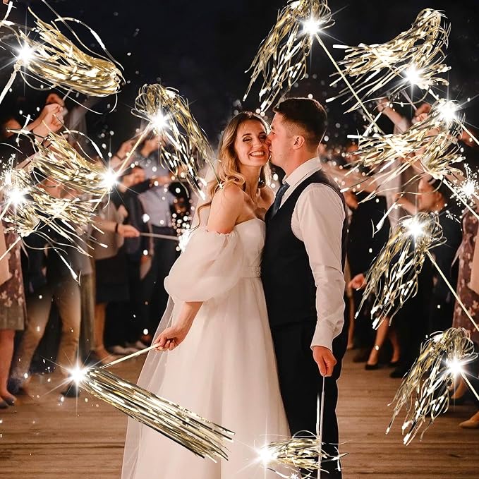 Drixbor 100 PCS Light Up Wedding Wands - LED Tinsel Streamers for Wedding Send Off & Grand Entrance, Party Favors for Weddings Birthdays Christmas (Champagne)