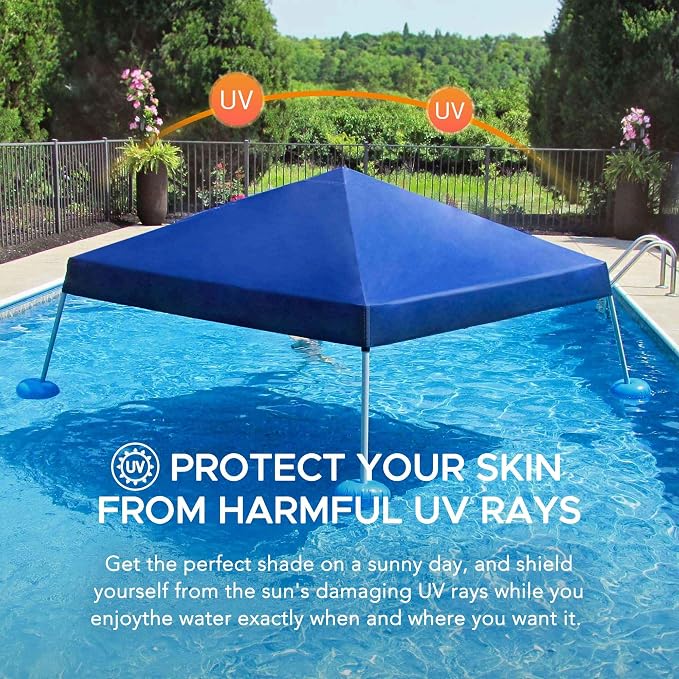 SUNJOY 10x10 FT Floating Pool Canopy Pop Up Gazebo, Navy Water Tent with Steel & Aluminum Frame, PVC Floats, Hand Pump & Carry Bag for Lake, Beach, Pool
