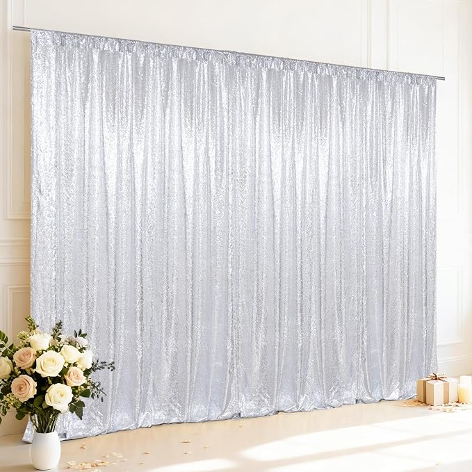 SquarePie 10x10ft Silver Sequin Backdrop for Photography, Satin-Backed Real Sequin Curtain, Enhanced Coverage Shimmering Background with 4" Rod Pocket for Wedding, Birthday, Party Decor, 1 Panel