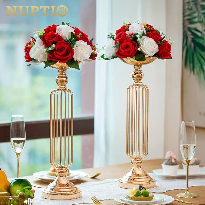 NUPTIO Flower Balls Centerpieces for Wedding Tables, Red & White Roses | 10 Pcs Artificial Silk Floral Arrangements, for Birthday Party, Housewarming, Thanksgivng, Christmas Decorations