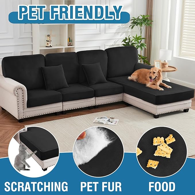 Couch Cover 4-Piece Elastic Velvet Couch Cushion Covers & Chaise Slipcovers for L-Shaped Sofas, Sofa Seat Covers Washable, Soft Cover for Couches (3 Seater + Chaise, Black)