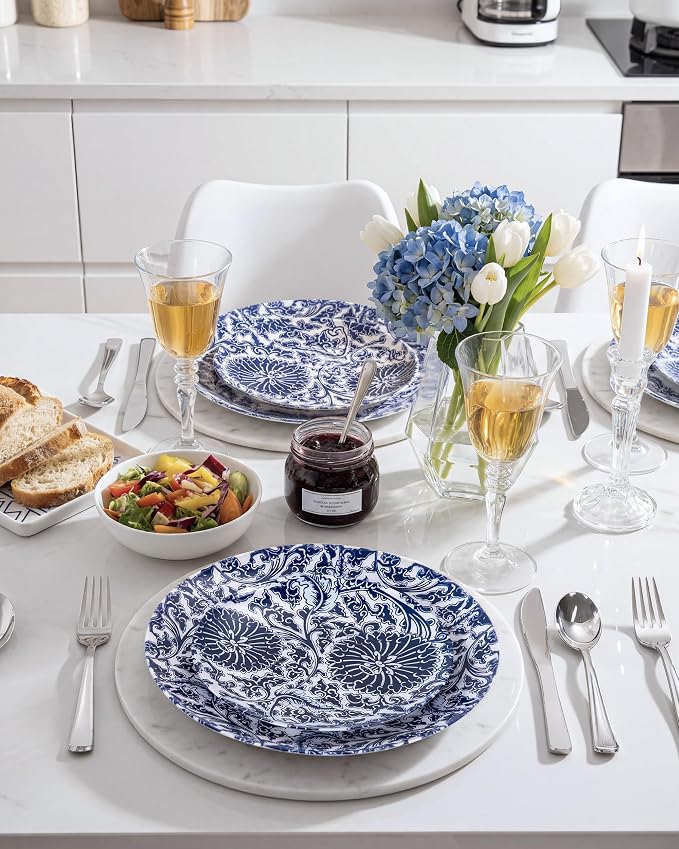 Hioasis 60pcs Plastic Disposable Plates Set - Blue Dandelion & Blue Leaf Pattern, 10.25 Dinner & 7.5 Dessert Plates for Wedding,Anniversary,Party and Holiday