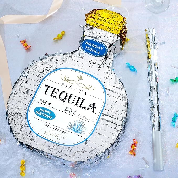 WERNNSAI Tequila Bottle Piñata - Disco Party Decorations for Adults Silver Patron Tequila Piñata with Blindfold for Bachelor Birthday Party Supplies 11.7” x 16.5”