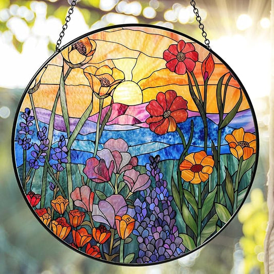 Wildflowers Stained Glass Suncatcher for Window, 7.8in Hanging Decor | Stained glass hanging window suncatcher, colorful sun catcher for indoor window decor and thoughtful gifts for women birthday