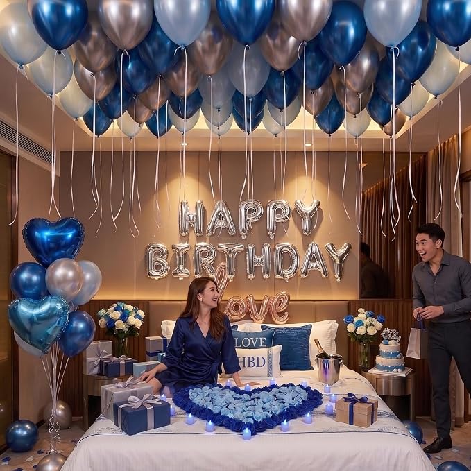 Blue Silver Birthday Decorations with LED Candles, Happy Birthday Balloons, Love Balloon, Rose Petals, Hotel Birthday Room Decorations for Men Women, Anniversary Surprise Decorations for Him Her