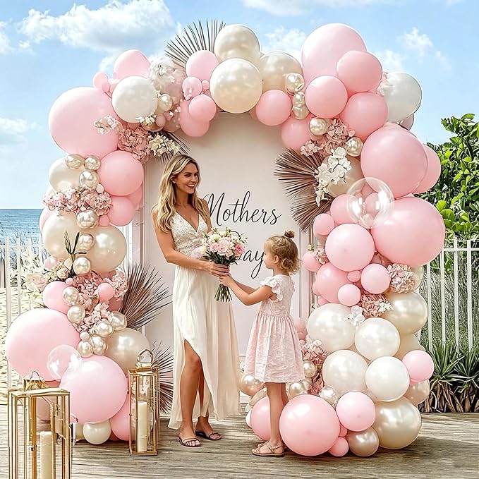 Pink White Balloon Arch Kit with Clear Bobo Balloons, Double Stuffed Baby Pastel Pale Pink Pearl White Cream Balloon Garland for Baby Shower Birthday Bridal Wedding Mother's Day Party Decoration