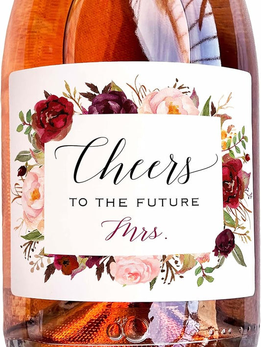 Cheers to The Future Mrs. - Bridal Shower Mini Champagne Bottle Labels, Waterproof Mini Wine Bottle Labels, Cheers to The Future Mrs, Bachelorette Party (Burgundy Floral, 6 Regular Bottle Labels)