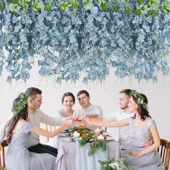 LELEE 25 Pcs Artificial Wisteria Hanging Flowers 3.6ft Dusty Blue Fake Hanging Flowers Garland Silk Flowers Rattan String Faux Wisteria Vine for Wall Home Wedding Party Arch Greenery Backdrop Decor