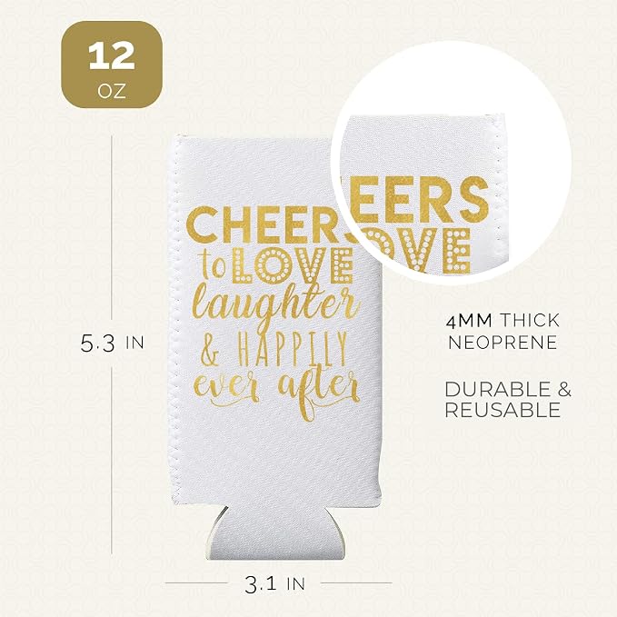Wedding Can Cooler Decorations Set of 12 - Cheers to Love Laughter and Happily Ever After, Wedding Rehearsal Dinner Decorations - Bridal Showers, Engagement Party Favors for Guests and Supplies