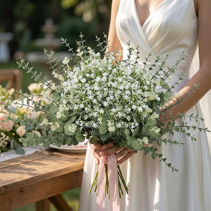 lovemoon Mixed Greenery Artificial Eucalyptus Stems, Baby Breath Artificial Flowers Bulk and Eucalyptus Leaves for Wedding Bouquets Home Office Floral Decor (200, Green and White)