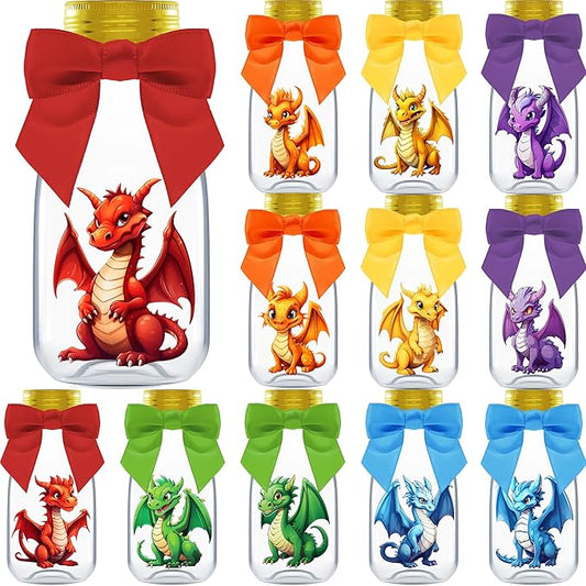 Ethisa Small 12 Pack Dragon Party Favors - Candy Jars with Ribbons and Stickers - DIY Party Decoration Bottle for Birthday and Baby Shower - Dragon Egg Container