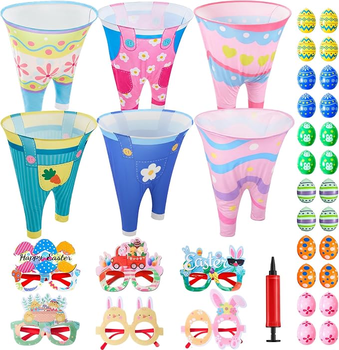37 Pcs Easter Granny Pants Set, 6 Giant Granny Pants with 1 Pump 24 Egg Balls & 6 Easter Bunny Ear Glasses, Funny Spring Yard Tossing Outdoor Activity for Adults Family Party Gathering