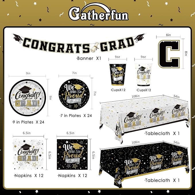 Graduation Decorations 2026 Black and Gold Grad Party Supplies with Disposable Plates, Napkins, Tablecloth, Cups and Congrats Grad Banner for 24 Guests - Graduation Party Decorations