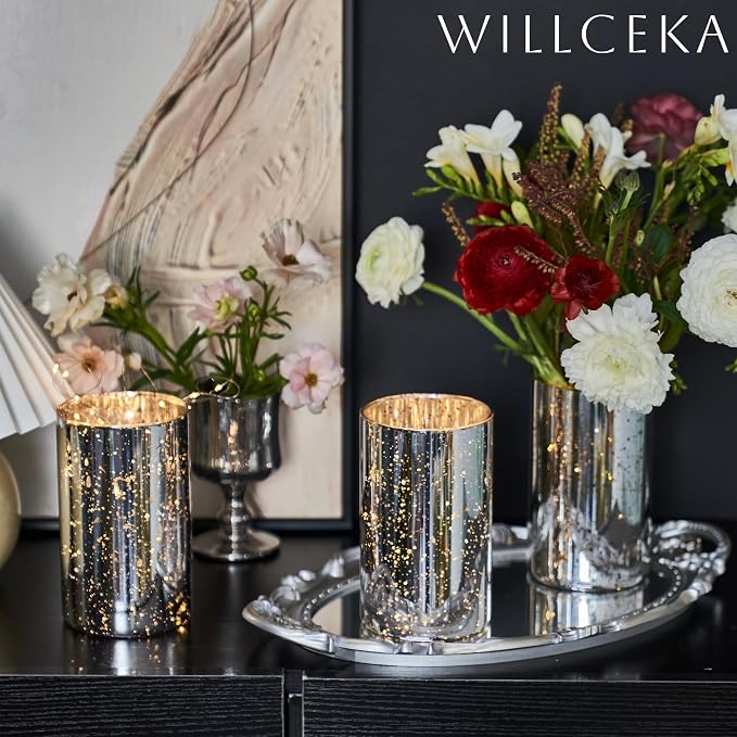 Willceka Silver Candle Holder Hurricane Candle Cylinder Vases for Centerpieces Set of 6 for Wedding Table Centerpiece