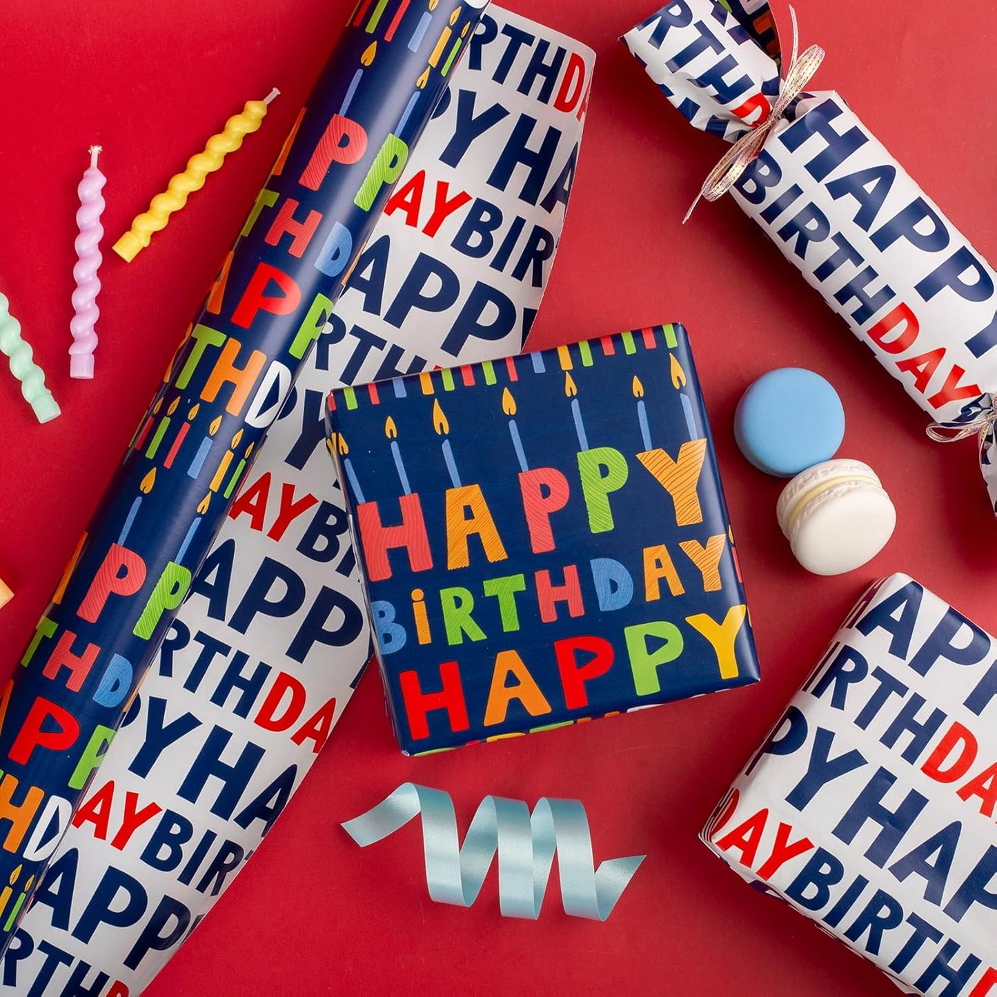 Yarcony Reversible Birthday Wrapping Paper Roll - 17 Inch X 33 Ft(46.8 Sq.Ft.Ttl) - Creative Colorful Happy Birthday Lettering & Candle Navy Blue Gift Wrap for Party, Baby Shower & Holiday