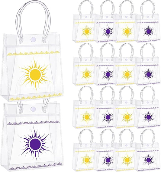 SilTriangle 24 Pcs Purple Sun Party Favors Clear Gift Bags Purple Sun Gift Goodie Bags with Handles Treat Pouch for Birthday Baby Shower Decoration Supplies