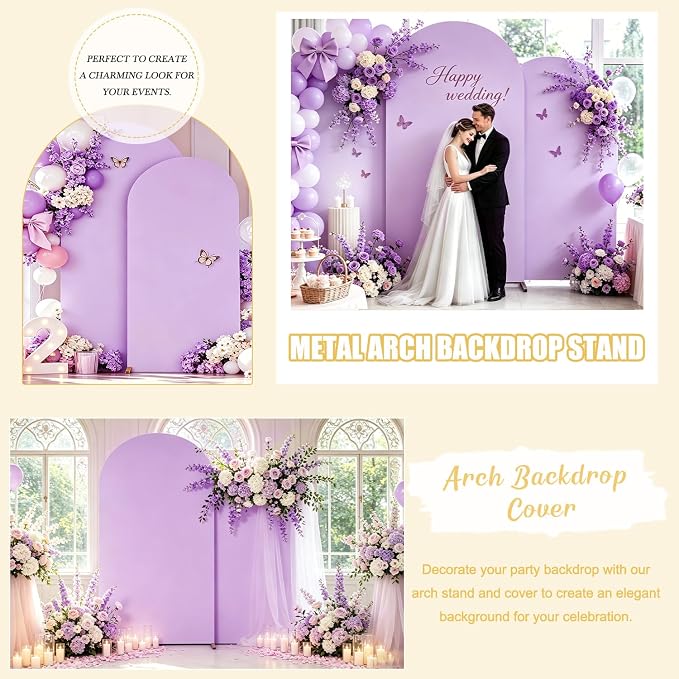 FUHSY Lavender Arch Cover 6FT, 7.2FT Spandex Arch Stand Covers Stretchy Fitted Backdrop Covers Set of 2 Chiara Backdrop Stand Fabric Lilac Arched Frame Cover for Birthday Balloon Decor