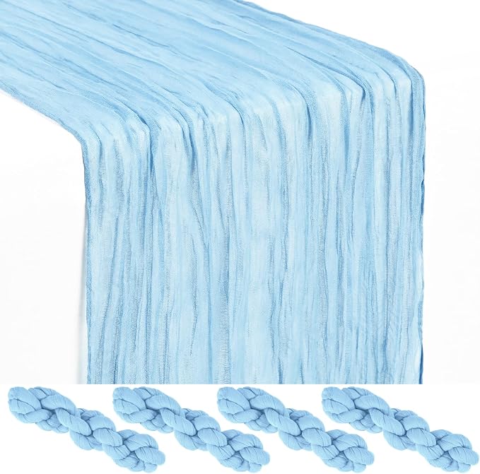4 Pack Baby Blue Cheesecloth Table Runner 17 x 108 inch Boho Gauze Table Runner Rustic Sheer Cheese Cloth Table Decorations for Wedding Party Baby Bridal Shower Birthday Holiday Home