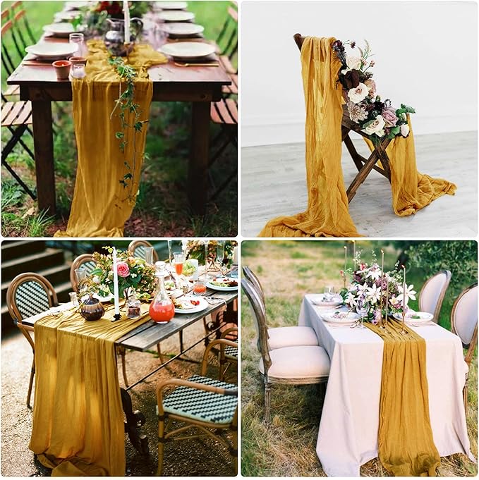 15 Pack Cheesecloth Table Runner 10Ft Romantic Cheese Cloth Table Runner 35 x120 Inch Rustic Gauze Boho Table Runners for Wedding Birthday Party Baby Bridal Shower Gender Reveal Table Decor(Mustard)