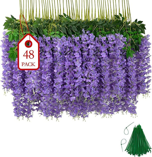 BIRDDIE 48 Pcs of Artificial Wisteria Hanging Flowers, 3.75 Feet Fake Wisteria Flower Strings for Backdrop, Wedding, Ceremony,Garden and Home Wall Decoration (Light Purple)