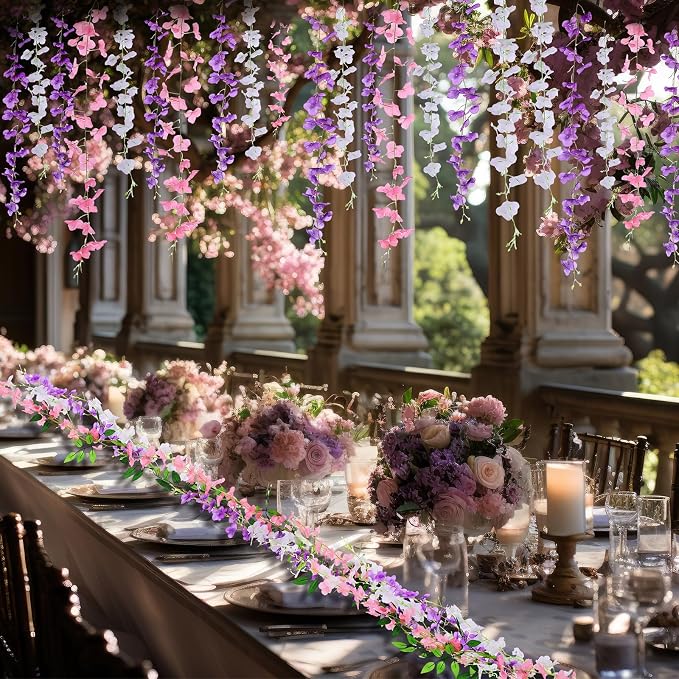 Thiccywoov 4pcs Wisteria Artificial Flowers Garland, 7.2Ft/Piece Wisteria Hanging Flowers Garland for Wedding Arch Decoration Outdoor Ceremony Home Backdrop Garden (Light Purple,White,Light Pink)