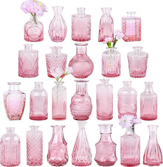 TBWIND Pink Glass Bud Vase Set of 24, Small Flower Vases for Centerpieces in Bulk, Mini Vintage Vase for Wedding Decor, and Home Table Décor