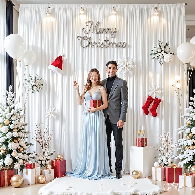 20x10ft White Glitter Backdrop Curtain for Parties, Wrinkle Free Satin Photo Backdrop Drapes 4 Panels 5x10FT Shimmer Back Drop Cloth for Wedding Birthday Baby Shower Photography Background Decor