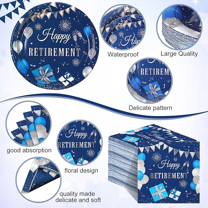 Funnymoom 452 Pcs Retirement Party Decorations Supplies Set Include Blue Silver Retirement Paper Plates Napkins Cups Tablecloth Cutlery Straws for Men Women Say Goodbye Party