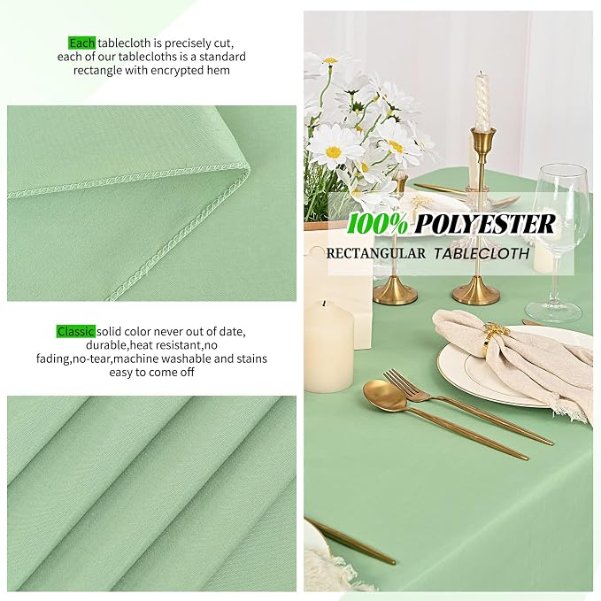 Pesonlook 12 Pack Rectangular Tablecloth Sage Green -60 x 102 Inch Polyester Tablecloth for 6 ft Tables,Washable Fabric Table Cover for Wedding/Buffet Party/Dining Table/Events