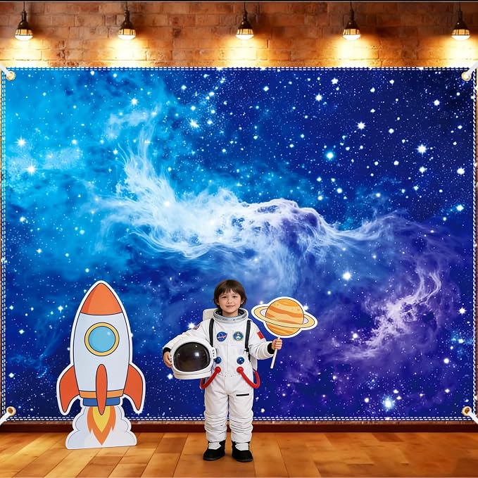 Galaxy Backdrop 8x6ft Starry Sky Universe Space Nebula Photo Background – Cosmic Galaxy Wall Hanging for Bedroom Decor & Party Decorations with Ribbon, Polyester Fabric
