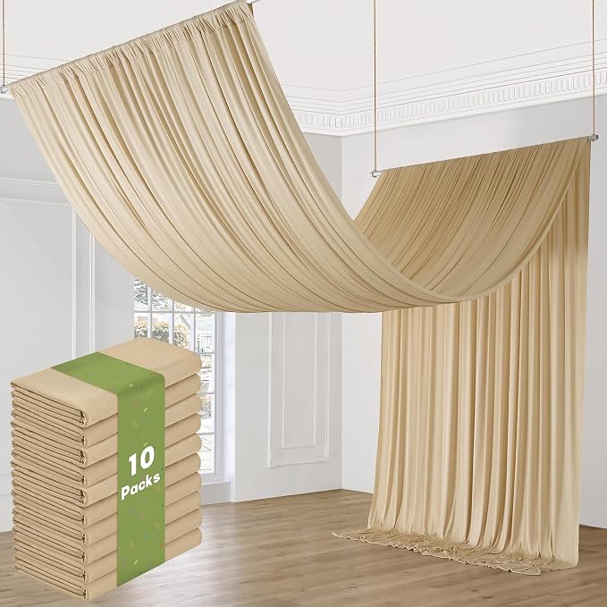 10 Panels 5x20ft Beige Ceiling Drapes for Wedding Parties, Wrinkle Free Thick Polyester 20ft Extra Long Wedding Draping Beige Ceiling Curtains Arch Drapery for Birthday Party Canopy Tent Decor