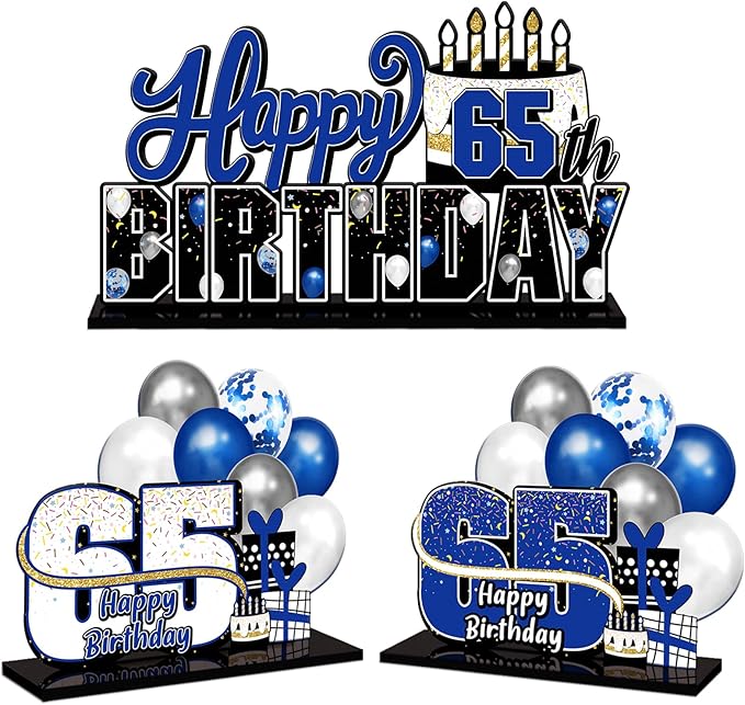 LINGTEER Happy 65th Birthday Blue Acrylic Table Topper Centerpieces Set - Cheers to 65 Years Old Birthday 65th Bday Party Gift Decorations.