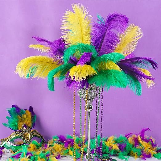 30 Pcs Natural Ostrich Feather Making Kit Casino Theme Ostrich Plume for Las Vegas Party Decoration Halloween Wedding Centerpieces Decor Floral Arrangement Vase (Yellow,Green,Purple,12-14 Inch)