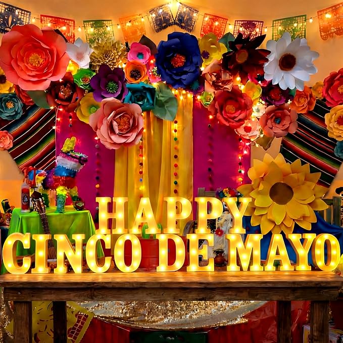 Honoson 16 Pcs Happy Cinco De Mayo Light Decorations Mexican Fiesta Party Decorations Table Decor Festival LED Lights up Sign for Mexican Fiesta Party Festival Streamers Home Decor
