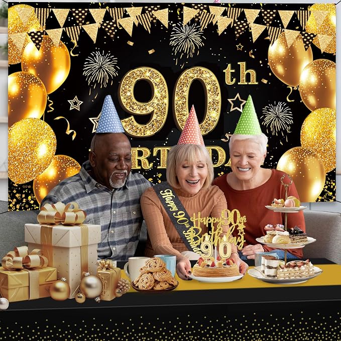 90th Birthday Decorations Men Women with 90th Birthday Banner, Black and Gold Table Cloth, Number Balloons, Large Sash, Cake Topper and Candles