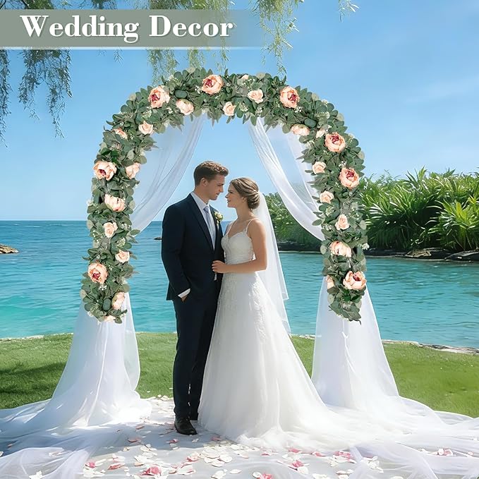 2 Pack 12Ft Artificial Eucalyptus Floral Garland with 16 Flowers Vintage Peony Rose, Pink Fake Flower Greenery Spring Garland Floral Vines for Mantle Wedding Arch Home Table Runner Backdrop Decor