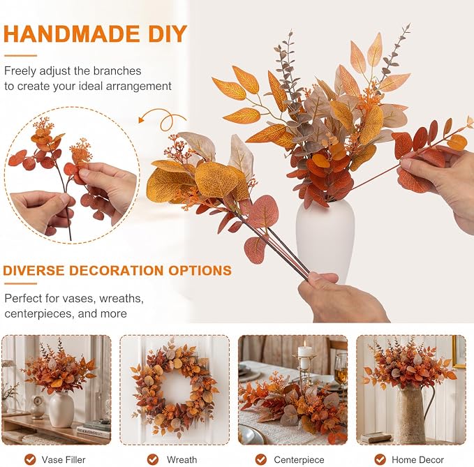 260 Pcs Fall Mixed Greenery Artificial Eucalyptus Stems Bulk, 6 Kinds of Fake Eucalyptus Leaves, Autumn Faux Floral Arrangement for Wedding Bouquet, Farmhouse Home Thanksgiving Decor (260, Orange)