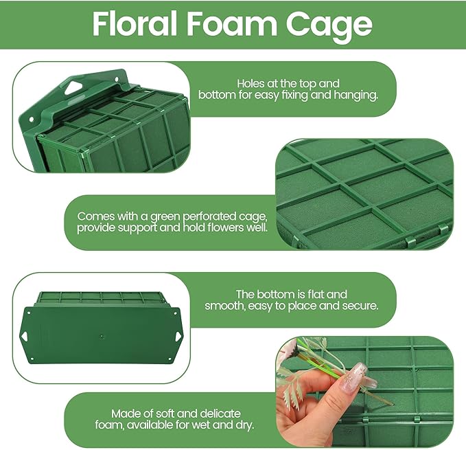 Hahood 32 Packs Floral Foam Cage Rectangle Flower Cage Holders with Floral Foam Flower Arrangement Supplies for Fresh Flowers, Home Wedding Decorations, 11.8 x 4.3 x 3.1 Inches