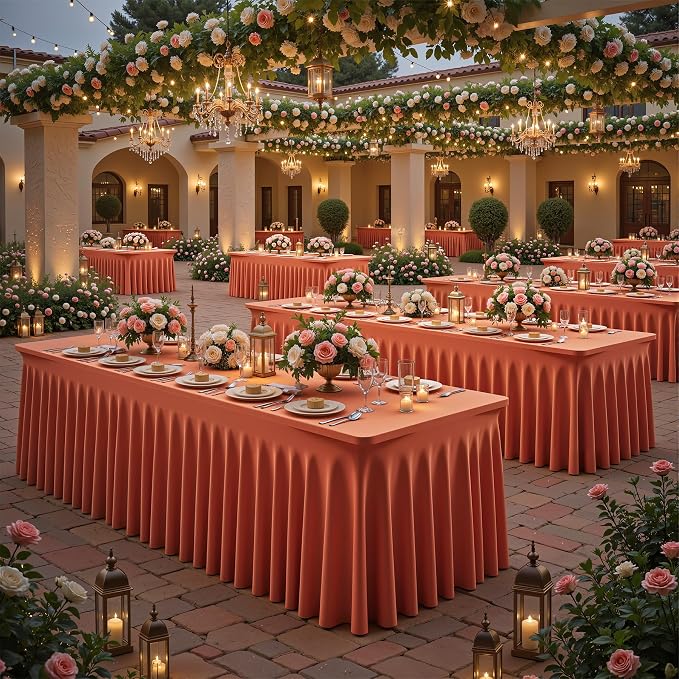 6 Packs Terracotta Spandex Table Cloths 8 Foot, Fitted Stretch Table Cover with Skirt 30x96 Inch, Wrinkle-Free Floor Length Tablecloths Rectangular for Weddings Parties Banquets Events Decorations