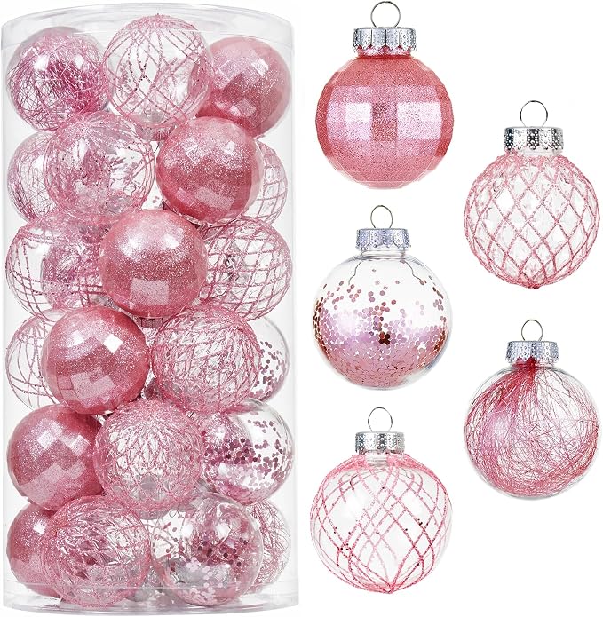 CristBest 30ct Christmas Ball Ornaments-60mm/2.36" Shatterproof Clear Plastic Xmas Balls Baubles Set with Stuffed Delicate Sparkling, Hanging Christmas Tree Decorations(Pink)