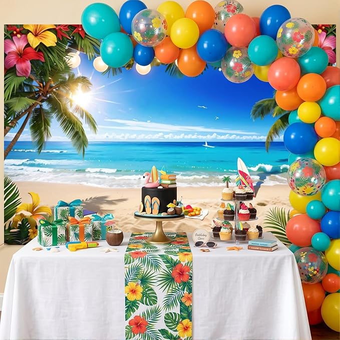 10x8ft Summer Beach Hawaiian Backdrop Tropical Palm Flower Seaside Scenery Hawaiian Photography Background Luau Party Decorations Backdrops Banner Studio Photo Booth Props
