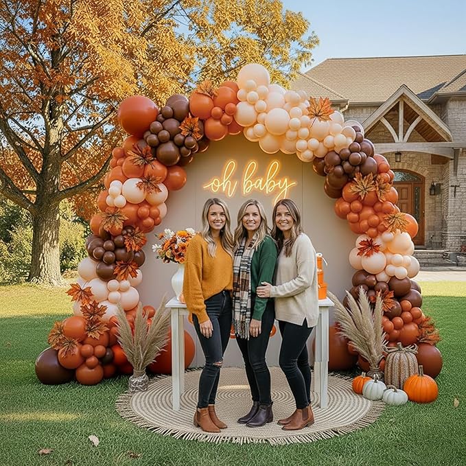 fall thanksgiving Burnt orange Balloon Garland Arch Kit Orange Cream Peach brown balloon with artificial maple leaf Autumnbackdrop for Boho Baby Shower Little Pumpkin friendsgiving Decorations