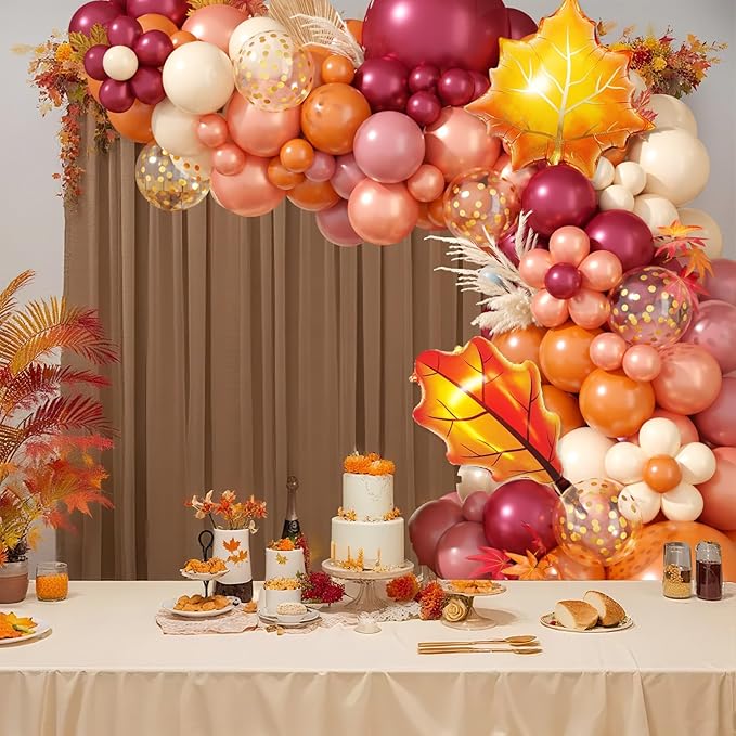 Fall Balloon Garland Arch Kit, Orange Wine Red Nude Sand White Gold Confetti Balloons with Leaf Foil Balloons for Thanksgiving Balloon Autumn Fall Birthday Baby Shower Party Decorations
