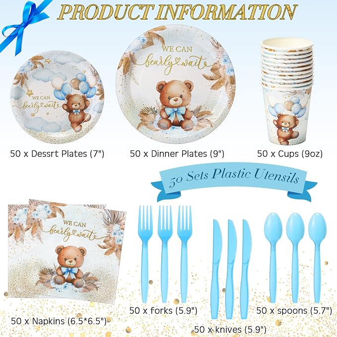 Ziliny 350 Pcs Bear Baby Shower Party Supplies We Can Bearly Wait Paper Plates Napkins Cups and Plastic Cutlery Party Tableware Set for Bear Baby Shower Birthday Decorations, Serves 50