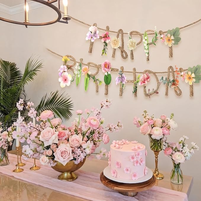 Norme 2 Pcs Wildflower Birthday Party Decorations Banner 13.2ft Metal 3D Flower Cottage Core Happy Birthday Garland Floral Handmade Garden Spring Tea Fairy Party Decorations for Women Girls