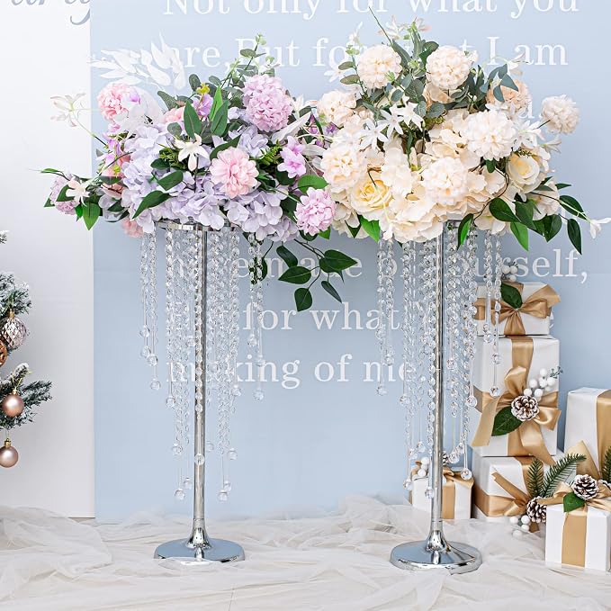 Bigsee 2 Pcs 21.65 inches Crystal Flower Stand Wedding Centerpieces for Tables, Tabletop Gold Metal Flower Arrangement Holder, Bulk Metal Vases for Reception Party Ceremony Decoration