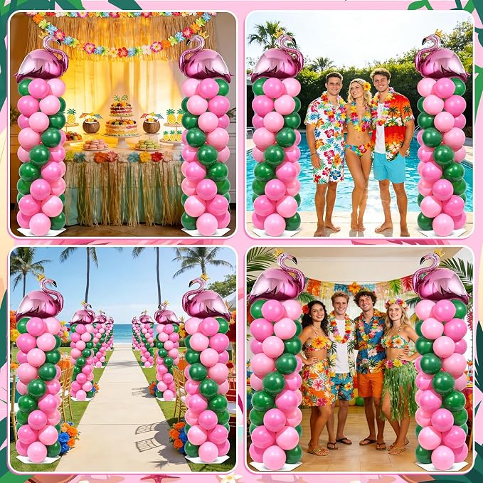2 Sets Tropical Flamingo Balloon Column Stand Kit with 102 Pink Green Flamingo Foil Balloons Animal 5.57ft Adjustable Balloon Tower Stand with Bases Adjustable Arch Column for Luau Party Decor