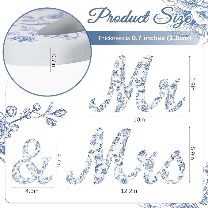 Mr & Mrs Sign for Wedding Table Blue Floral Wedding Decorations for Reception Rustic Wooden Freestanding Letters Table Centerpieces Wooden Photo Booth Props for Wedding Bridal Anniversary Supplies