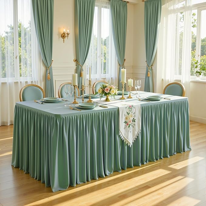 PARTISKY 2 Pack Sage Green Tablecloths for Rectangle Tables 6ft, Wrinkle Resistant Spandex Table Cover Fitted Stretch Table Cloth with Pleated Ruffle Skirts for Party Banquet Dining Birthday Wedding