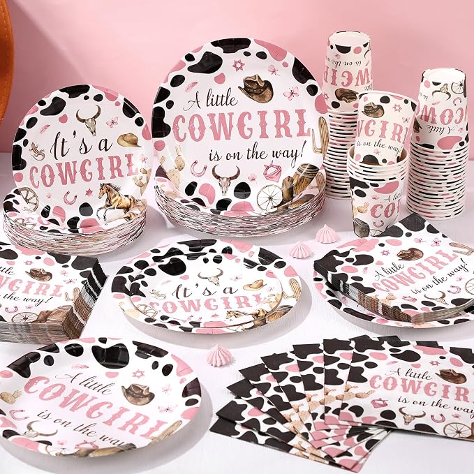 Pickmesh 250 Pcs Cowgirl Baby Shower Little Cowgirl Is on the Way Party Decorations Wild Western Theme Disposable Plates Napkins Cups for Baby Shower Party Supplies Serve 50